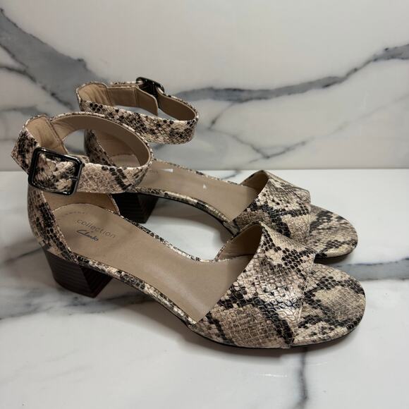 Clarks Shoes - Clarks Womens Snake Embossed Leather Elisa Dedra Sandals Sz 8 Block Heel Pep Toe